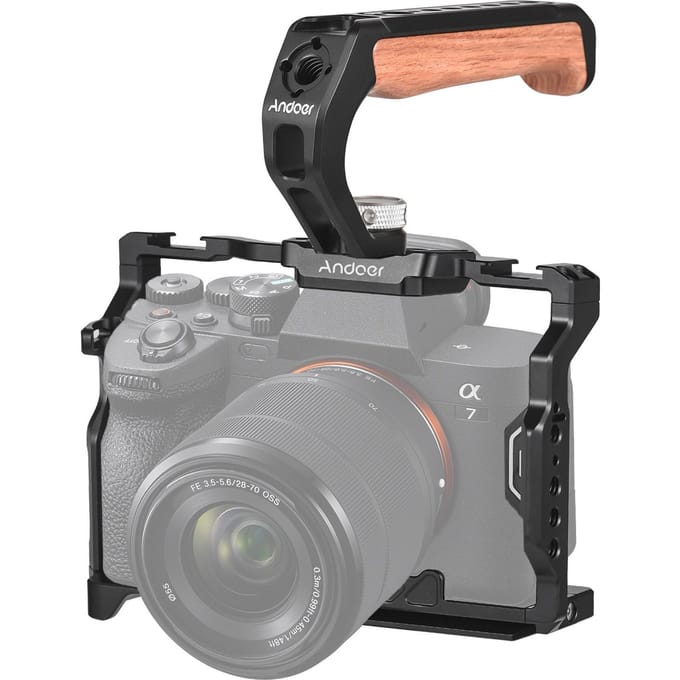 Andoer Cage pour caméra + poignée supérieure, cage vidéo en alliage d'aluminium avec double support pour griffe froide noir