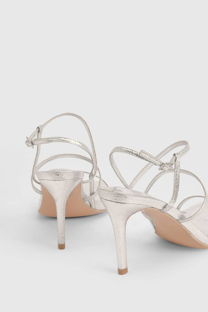 boohoo Dames Brede Pasvorm Mid Stiletto Barely There 2-delige Hakken | Zilver | Maat: 37