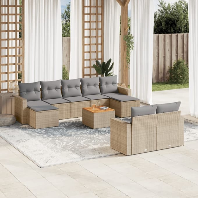 vidaXL - 10-delige - Loungeset - met - kussens - poly - rattan - beige