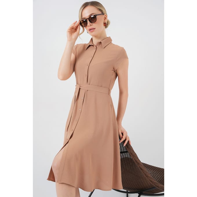 Geknoopte Overhemdkraag A-Model Midi Jurk met Binddetails