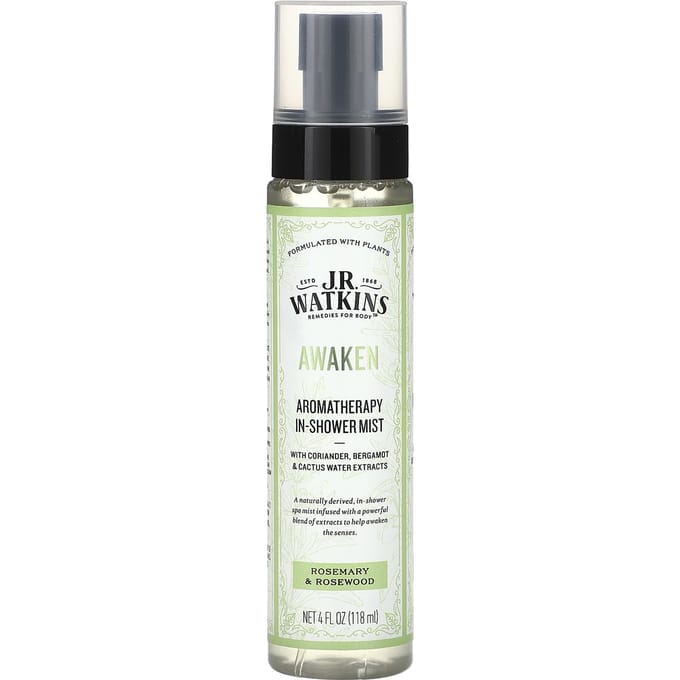 J R Watkins, Réveil, Brume d'Aromathérapie pour la Douche, Romarin et Bois de Rose, 4 fl oz (118ml)