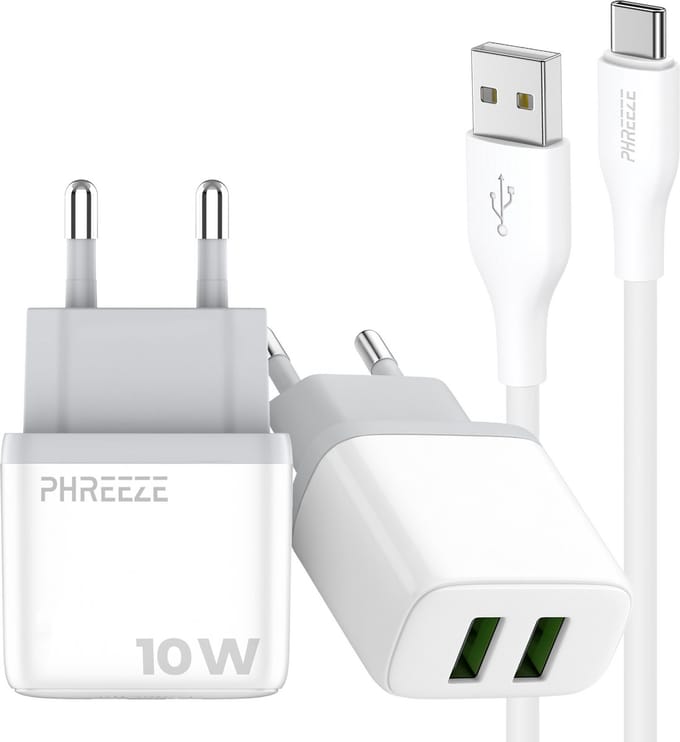 Phreeze usb oplader 2.4 A - Usb naar usb C kabel - 1 meter - Dubbele usb poort lader voor draadloze speaker koptelefoon powerbank smartphone tablet ereader