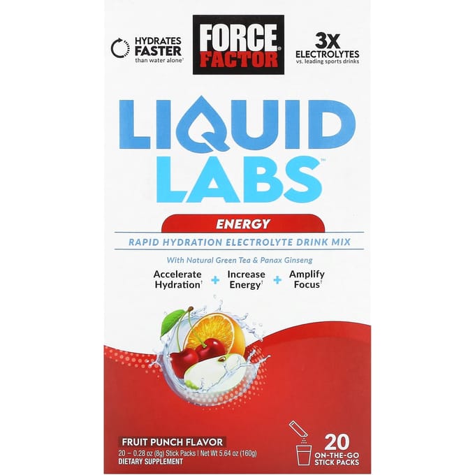 Force Factor, Liquid Labs Energy, Snel Hydraterend Elektrolytendrankpoeder, Fruit Punch, 20 Sachets, 0.28 oz (8 g) Elk