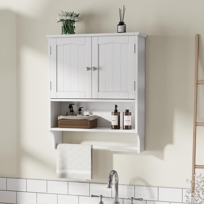 Armoire de toilette - MUVOE - Blanche - 2 étagères réglables - Porte-serviettes mural - MDF durable blanc