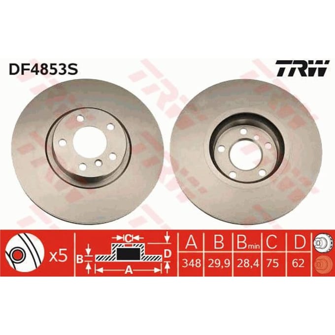 Remschijf TRW DF4853S voorkant, geventileerd, sterk gecarboniseerd, 1 Stuk