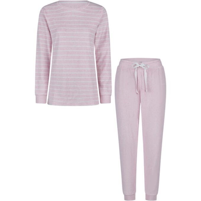 By Louise Dames Winter Pyjama Set Lang Badstof Gestreept Roze - Maat XL