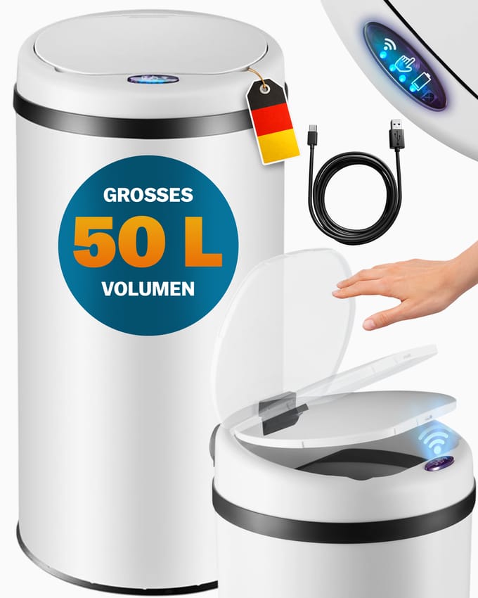 Monzana Prullenbak - Automatisch Rond 50L 31x78cm Display Sensor - Wit