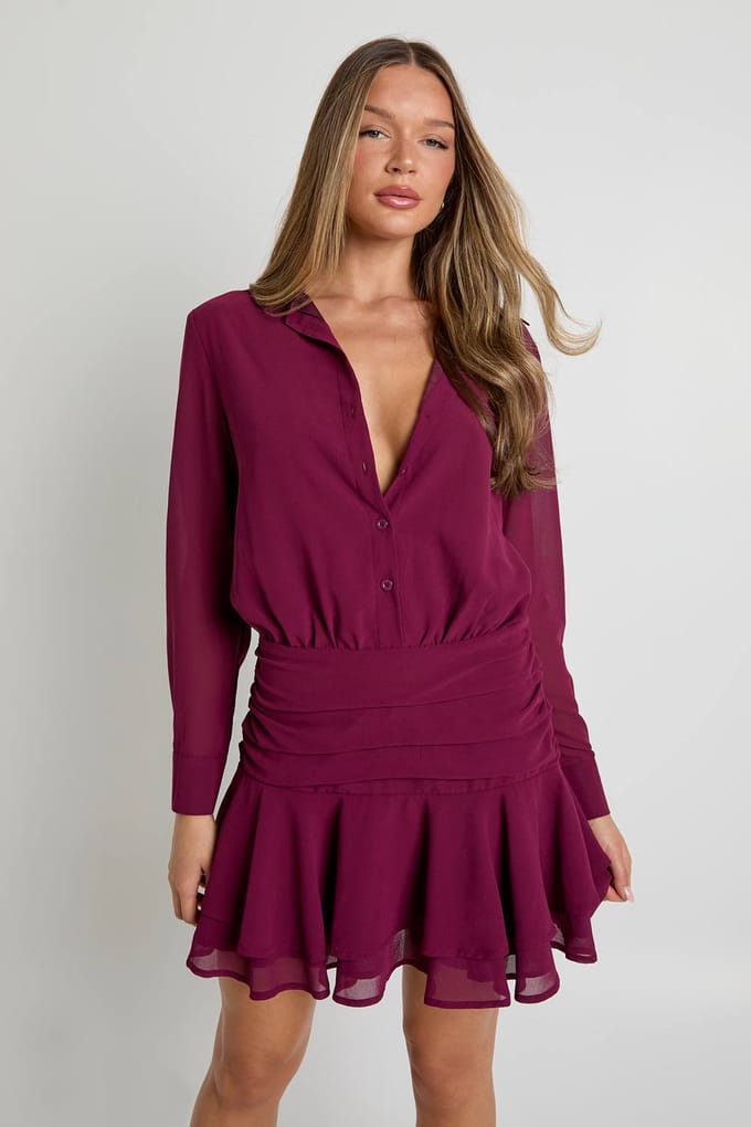 boohoo Dames Gedrapeerde mini-shirtjurk van chiffon | Wine | Maat: 10