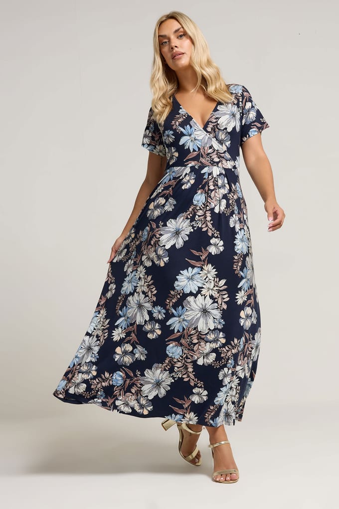 Yours Marineblauwe Wikkeljurk Met Bloemenprint Size 46
