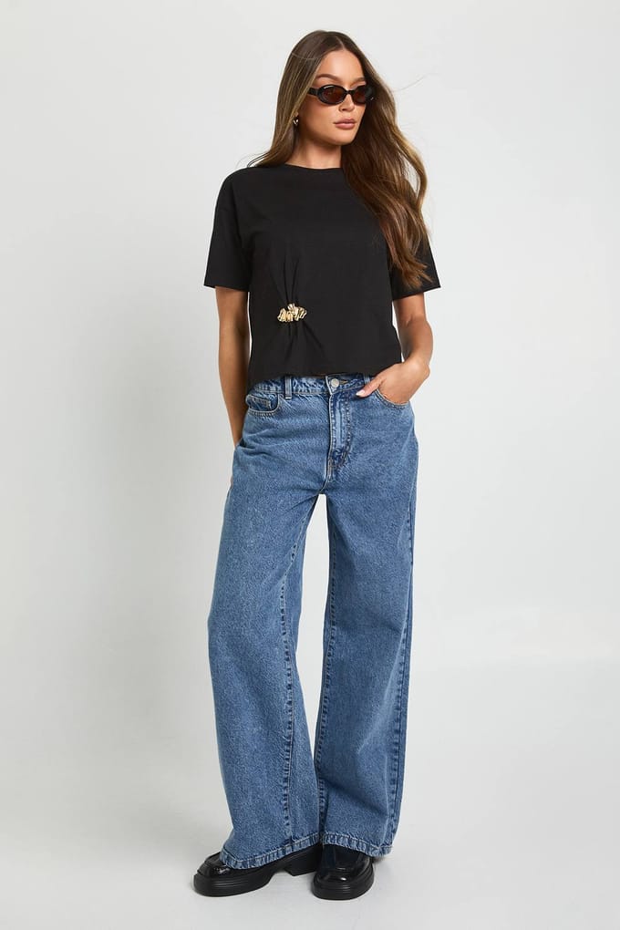 boohoo Dames Oversized T-shirt met gouden trimdetail | Black | Maat: 8