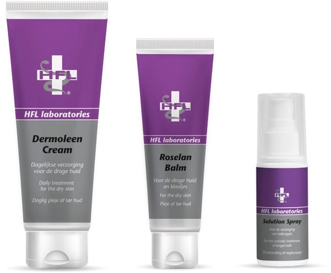 HFL - super combopack - huid- en nagelverzoring - dermoleen cream 125 ml + roselan balm 60 ml + solution spray 50 ml