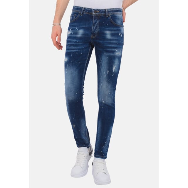 Men's Paint Splatter Stonewashed Jeans - Slim Fit -1077- Blauw