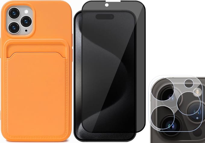 Hoesje Pasjeshouder geschikt voor iPhone 15 Pro - Privacy Screenprotector FullGuard + Camera Lens Screen Protector - Siliconen Case Back Cover Oranje
