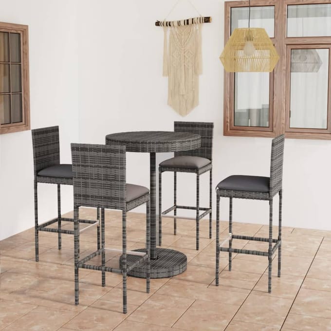 vidaXL - 5-delige - Tuinbarset - met - kussens - poly - rattan - grijs