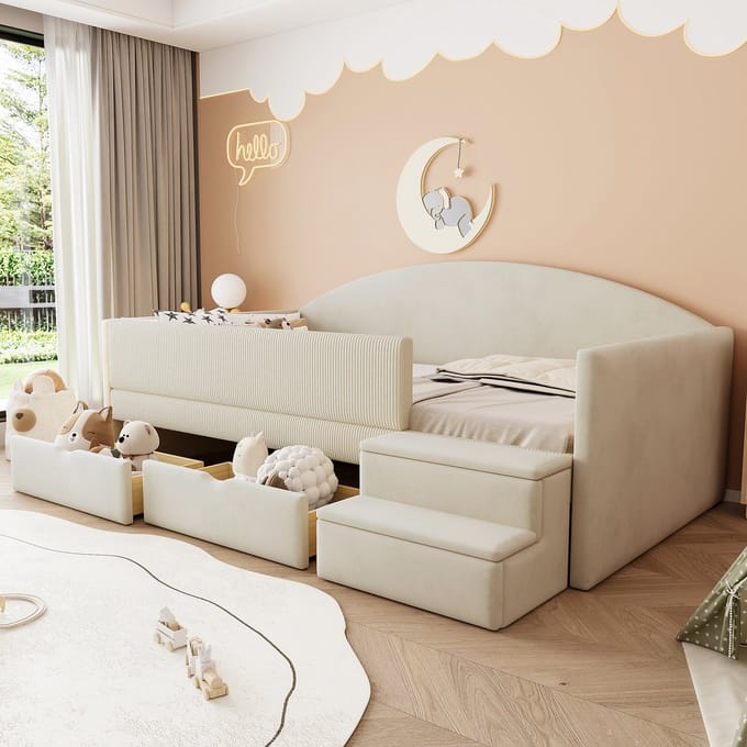 MODFU - Gestoffeerd Bed - Met 2 Laden En Veiligheidshekje - Gebogen Ontwerp - Fluweel - Beige - 90 x 190 cm