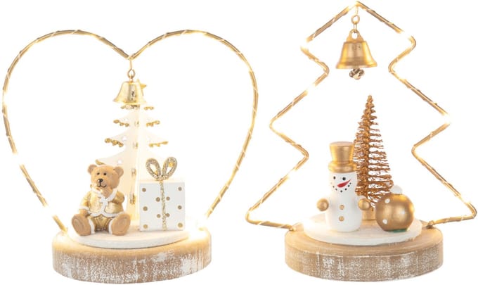 J-Line kerstdecoratie Beer + Sneeuwman Boom + Hart - hout - wit/goud - 2 stuks - LED lichtjes