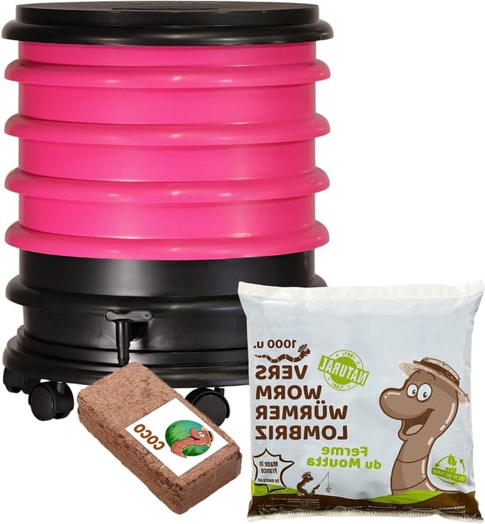 Wormenbak Composter - Wormenbak Compostbak - Organisch Afval Verwerken - 4 Bakken Stapelbaar - 64 liter - Fuchsia