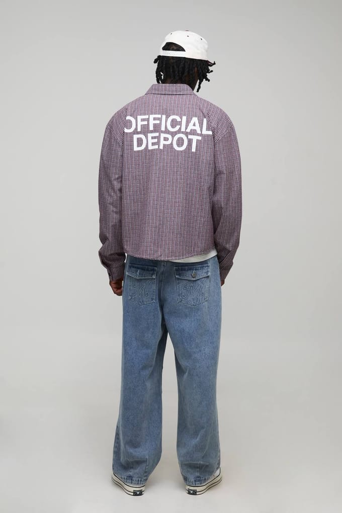 Lang oversized boxy Official Depot-print micro-ruiten overhemd | Blue | Size Medium