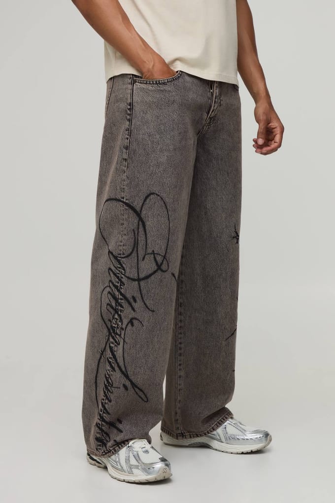 Gothic Graphic Embroidered Baggy Fit Jeans | Stone | Size 58R