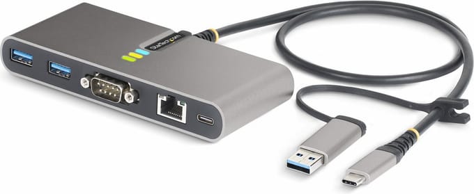 StarTech.com 2-Port USB-C Hub met Ethernet en RS-232, Geïntegreerde USB-C naar USB-A Dongle, 100W PD Pass-Through, 2x USB-A 5Gbps, Gigabit Ethernet, RS232 Serial (FTDI)
