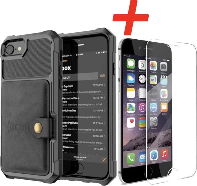 Backcover geschikt voor Apple iPhone 7 / 8 - Zwart - 3 in 1 pasjeshouder - met Glazen Screenprotector