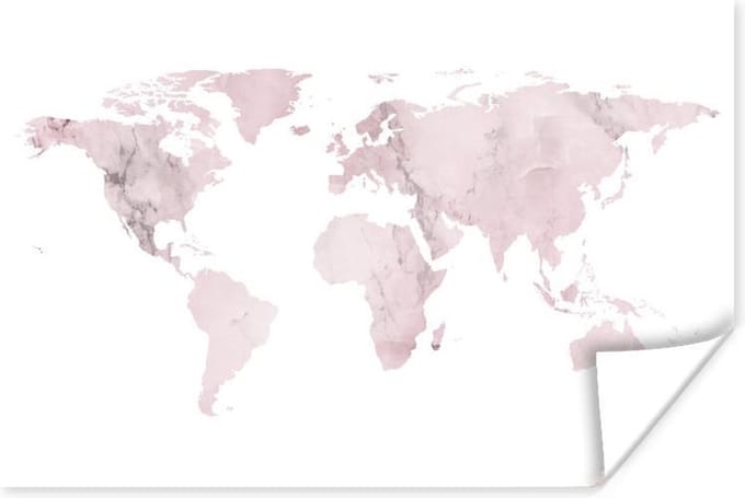 Poster Wereldkaart - Marmer - Roze - 30x20 cm
