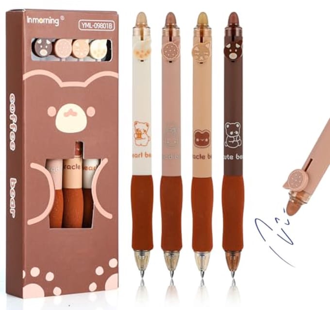 Uitwisbare balpenset met schattig berendesign - Set van 4, 0,5 mm vulling, esthetische rollerbalpen