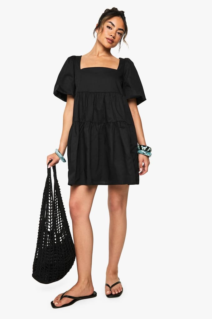 boohoo Dames Cotton Poplin Puff Sleeve Tiered Mini Dress | Black | Maat: 8