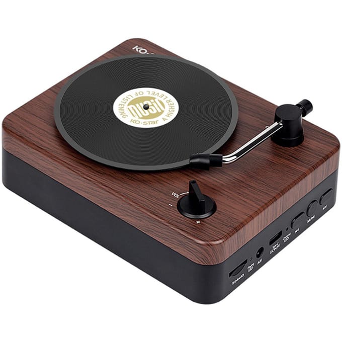 KO-STAR BT5.3 Speaker Playback Draagbare draadloze speaker met vintage platenspeler design AUX koffie
