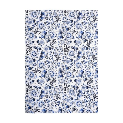 Heinen delfts blauw theedoek bloemen wit