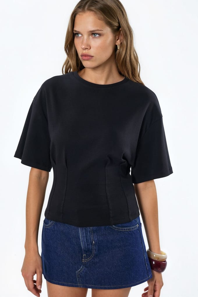 Dames Katoenen Geribbelde Ronde Hals Blouse