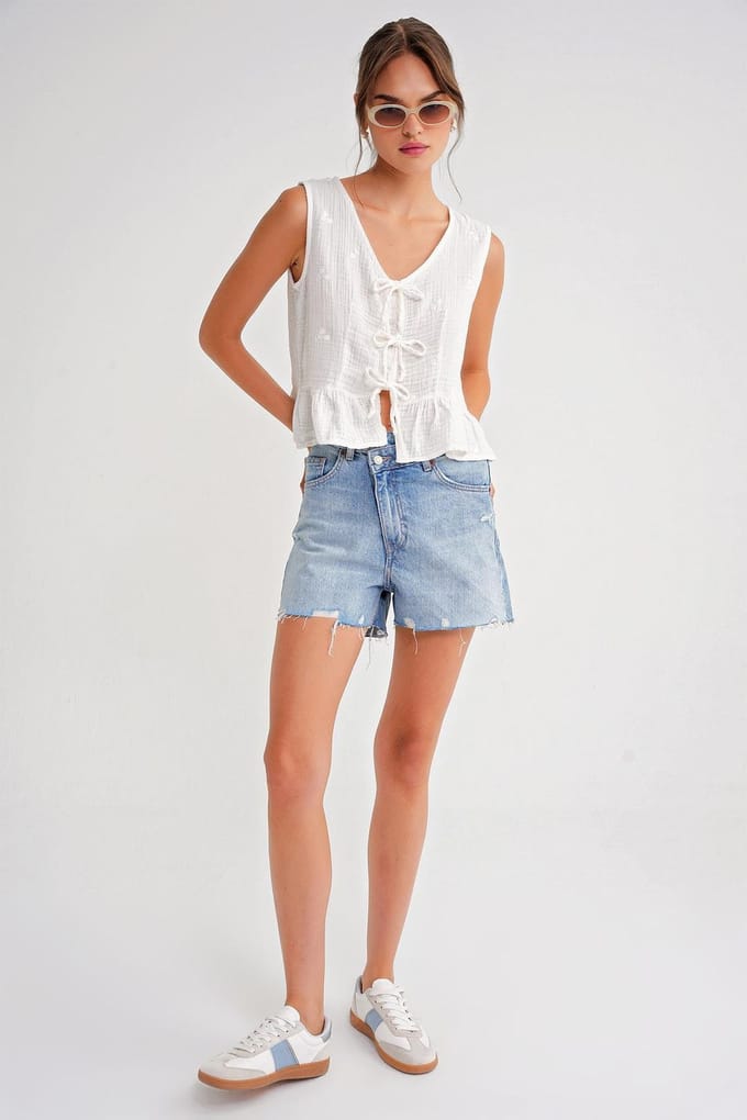 Gestreepte V-hals Crop Blouse met Strik