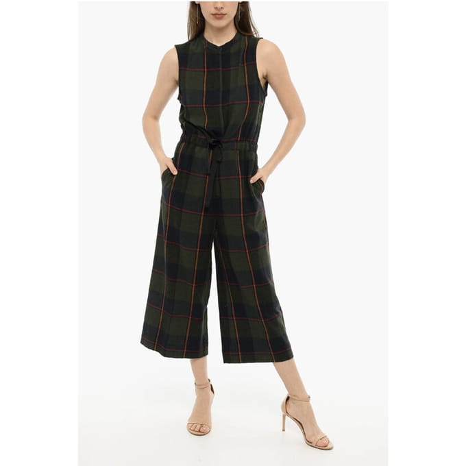 Geruite jumpsuit van wolmix GAUZE met trekkoord in de taille in groen