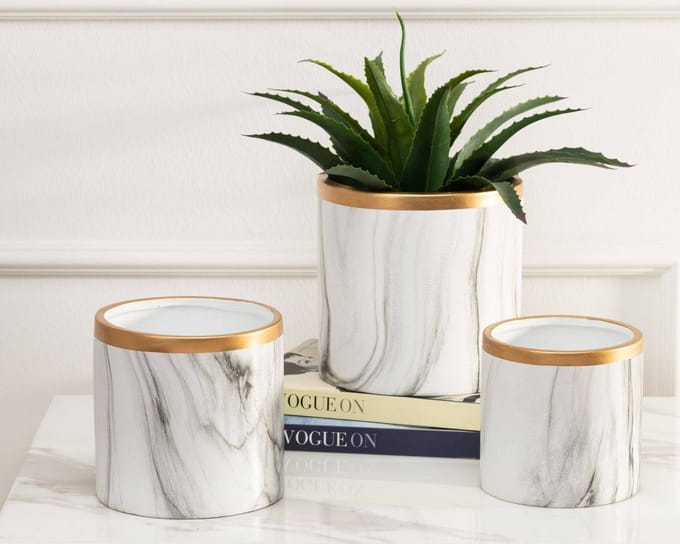 HowHomely - Sona Marbling - Bloempot - Wit Marmer - Handgeschilderd - 11 cm