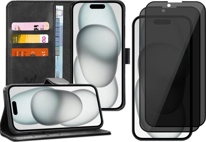 Hoesje geschikt voor iPhone 15 Plus - 2x Privacy Screen Protector FullGuard - Book Case Kunstleer Pasjeshouder Zwart & Screenprotector