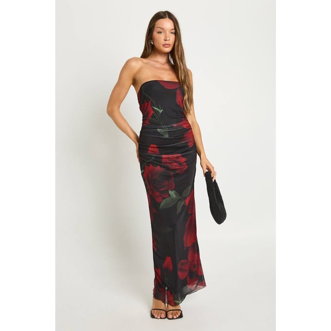 boohoo Dames Mesh Bloemenprint Bandeau Maxi Jurk | Natural Black | Maat: 44