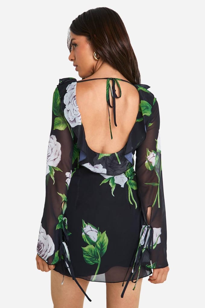 boohoo Dames Florale Chiffon Ruffle Shift Jurk | Black | Maat: 8