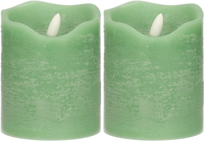 Stern Fabrik LED kaars/stompkaars - 2x - mintgroen - D7,5 x H10 cm - timer - 3D vlam