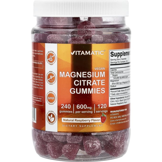Vitamatic, Magnesiumcitraat Gummies, Natuurlijke Framboos, 240 Gummies (300 mg per Gummy)
