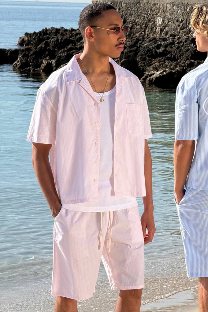Oversized Boxy Stripe Tennis Club Print Revere Shirt and Short Set | Pink | Size Medium