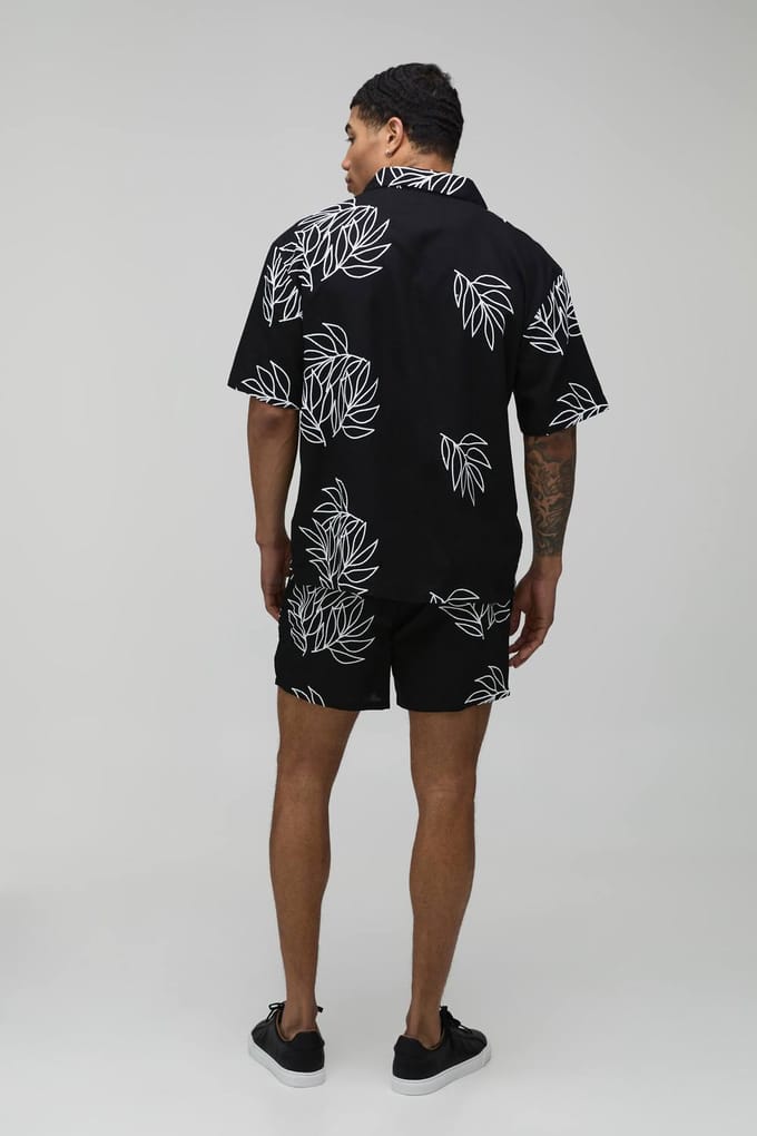 Oversized Linnen Shirt Met Palmboom Borduursel & Relaxed Short Set | Black | Size Small