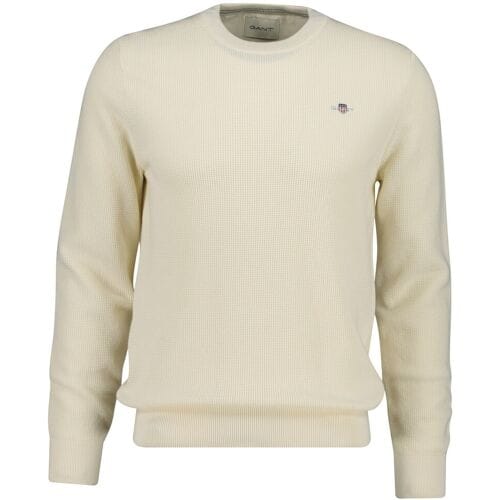 Gant Trui Solid Color Micro Textured Cotton Crew Neck Cream / male