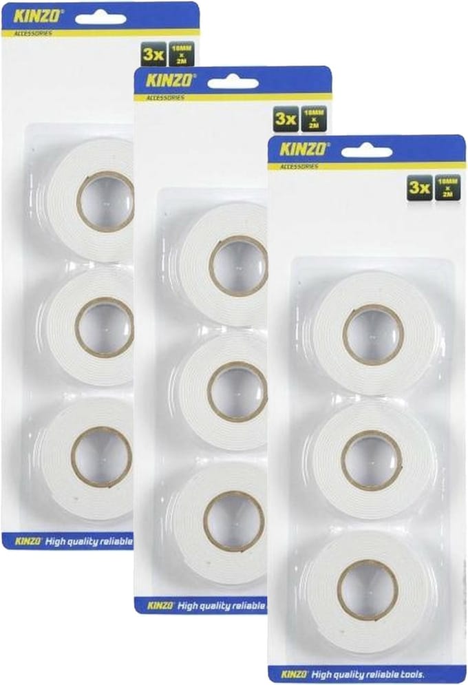 Kinzo Dubbelzijdig tape - wit - 9x rollen - Knutsel & hobby materiaal - plakband
