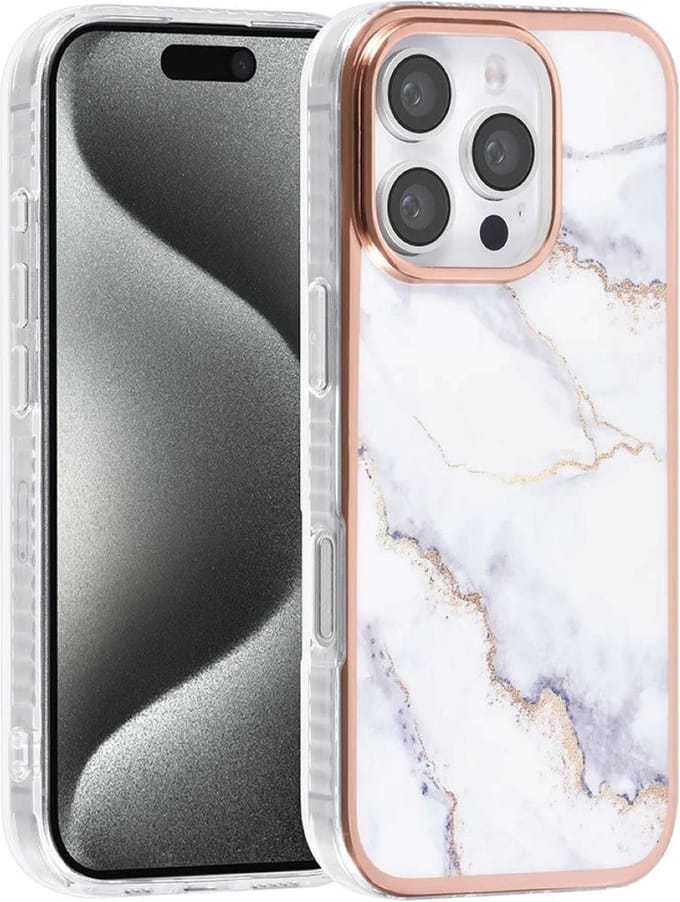 Multimedia & Accessoires Siliconen Marmer Harde Back Cover Case Hoesje geschikt voor Apple iPhone 16 Pro Max – TPU – Harde Plastic – Roze