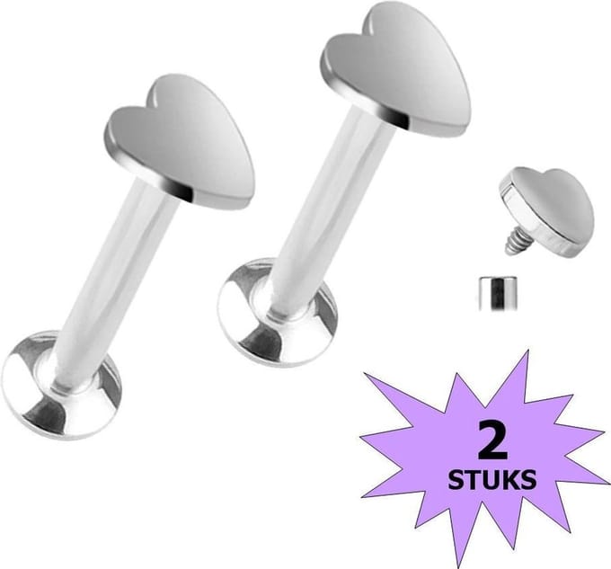 Fako Bijoux® - Labret Piercing - Hart - 3.5mm - Zilverkleurig - 2 Stuks
