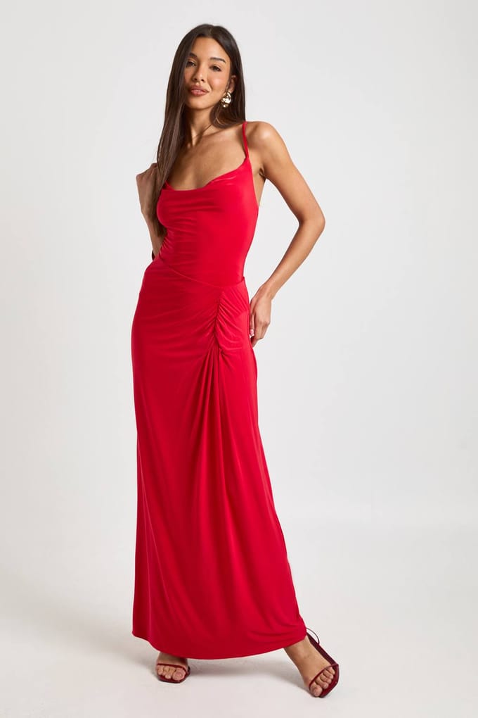 boohoo Dames Slinky Gerimpelde Zijkant Maxi Rok | Red | Maat: 10