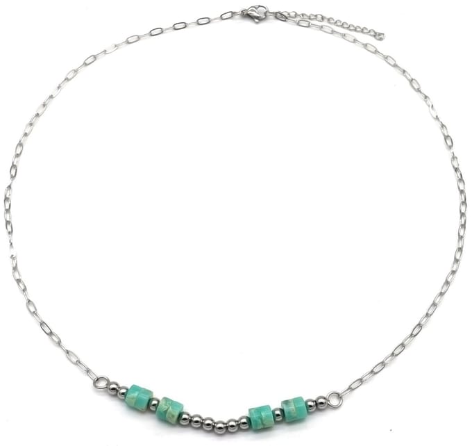 Ketting met Steentjes - RVS - Lengte 39-44 cm - Zilverkleurig en Turquoise