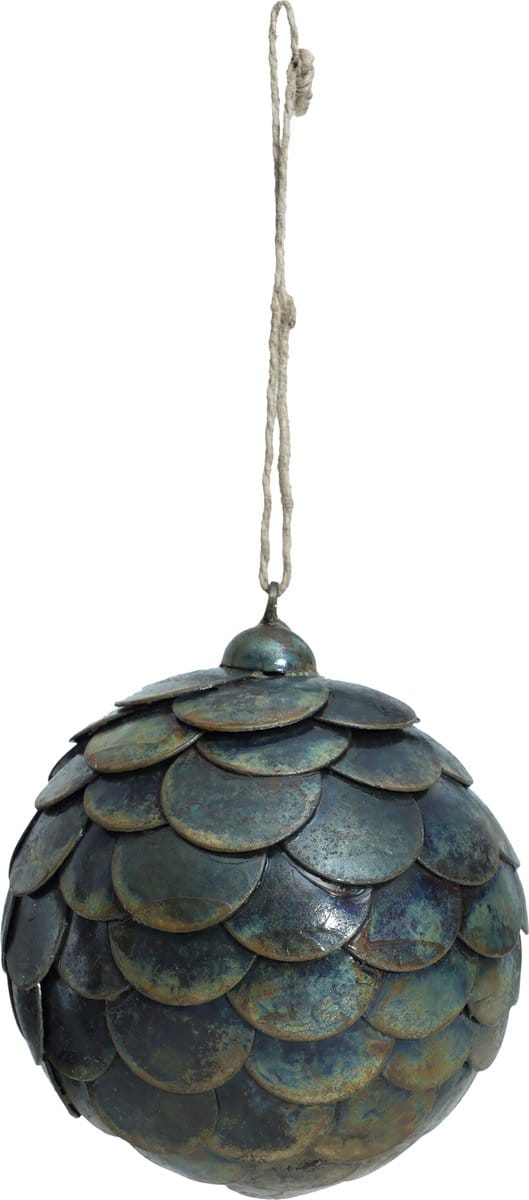 PTMD kerst - groen/gouden ijzeren kerstbal schubben model kerst hanger L diameter 10 cm Xmas Leaf rust iron ball open hanger L
