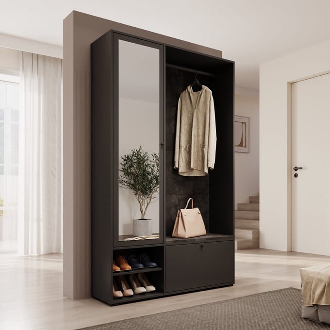 Meubella - Deacon - Halkast 1 deur - Zwart - 117x33x190 cm