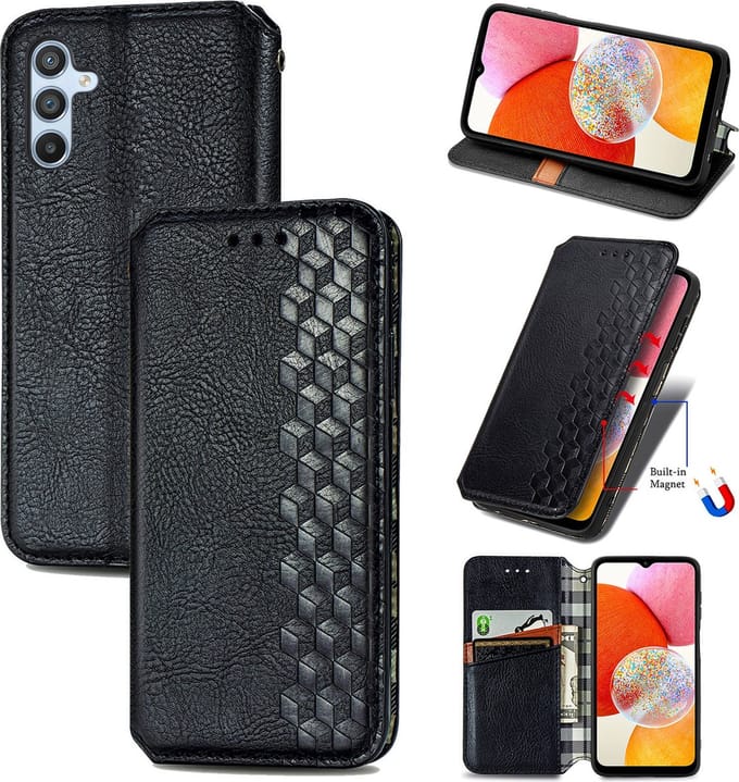 Luxe PU Lederen Ruitpatroon Wallet Case + PMMA Screenprotector voor Galaxy A14 4G/5G _ Zwart